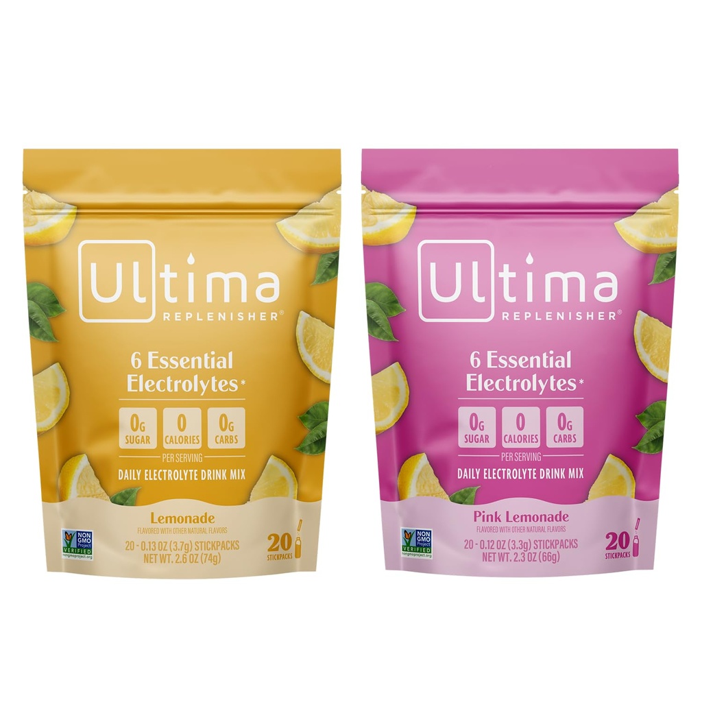 Ultima Paplēninātājs Elektrolītu pulveris Dzēriens Sajauciet Bundle – bez cukura – citronāde un rozā citronāde, 20 Iepakojumi – 6 Elektrolīti un minerālvielas – Keto Friendly, Vegan, Non-GMO