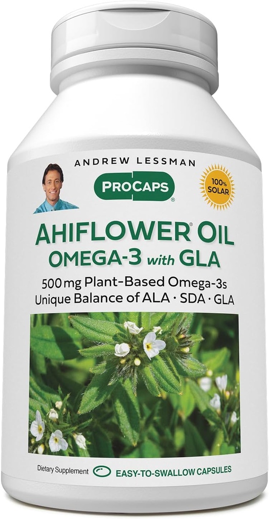 ANDREW LESSMAN Hiflower Omega-3 ar GLA - 120 Softgels - Unikāli līdzsvarots, uz augiem balstīts Essential Omega-3 Taukskābju avots. Nav kuņģa darbības traucējumu, kontaminantu vai dzīvsudraba. Viegli norīt