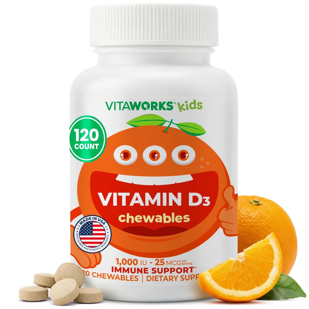 Bērniem vitamīns D 1000 SV košļājamās tabletes - Garšīgs Natural Orange Flavor - Vegāns, bez ĢMO, bez lipekļa, bez riekstiem Vitamīni - uztura bagātinātājs imūno atbalstu - bērniem - 120 košļājamās vielas