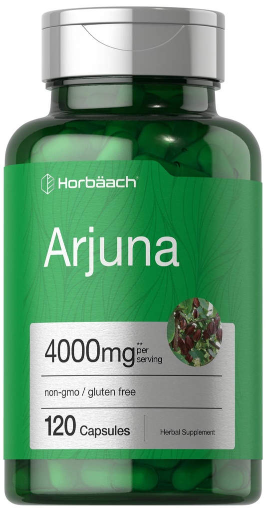Horbaach Arjuna kapsulas 4000 mg           ; 120 Grāfis Ne-ĢMO, nesatur glutēnu; no Arjuna Bark Herb ekstrakta