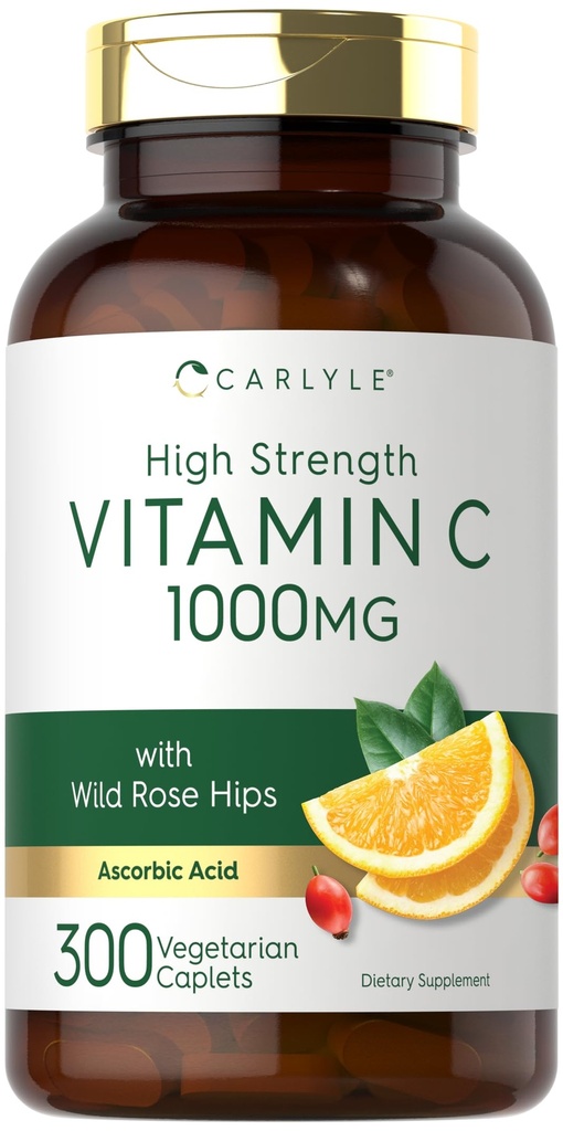 Carlyle vitamīns C 1000mg - 300 Veģetārietis Caplets - Askorbīnskābe ar savvaļas Rose HIPS - Augsta stipruma formula - Non-GMO un bez lipekļa Papildinājums