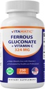 Vitamatiskais dzelzs glikonāts 324 mg + vitamīns C 100 mg - Nav mākslīgo krāsvielu piedevu - Maiga uz kuņģa - 250 apvalkotās tabletes - Ražots ASV