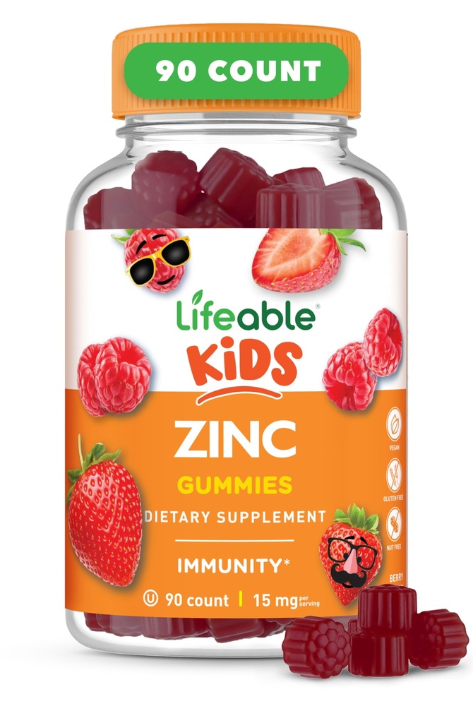 Dzīvot Cinka Gumijas bērniem -15mg - Great Tasting Kids Cinka papildinājumi -- ĢMO bezmaksas Veģetārs Cinka Vitamīni - veselīgas ādas un imūno atbalstu bērniem un bērniem - 90 Gumijas