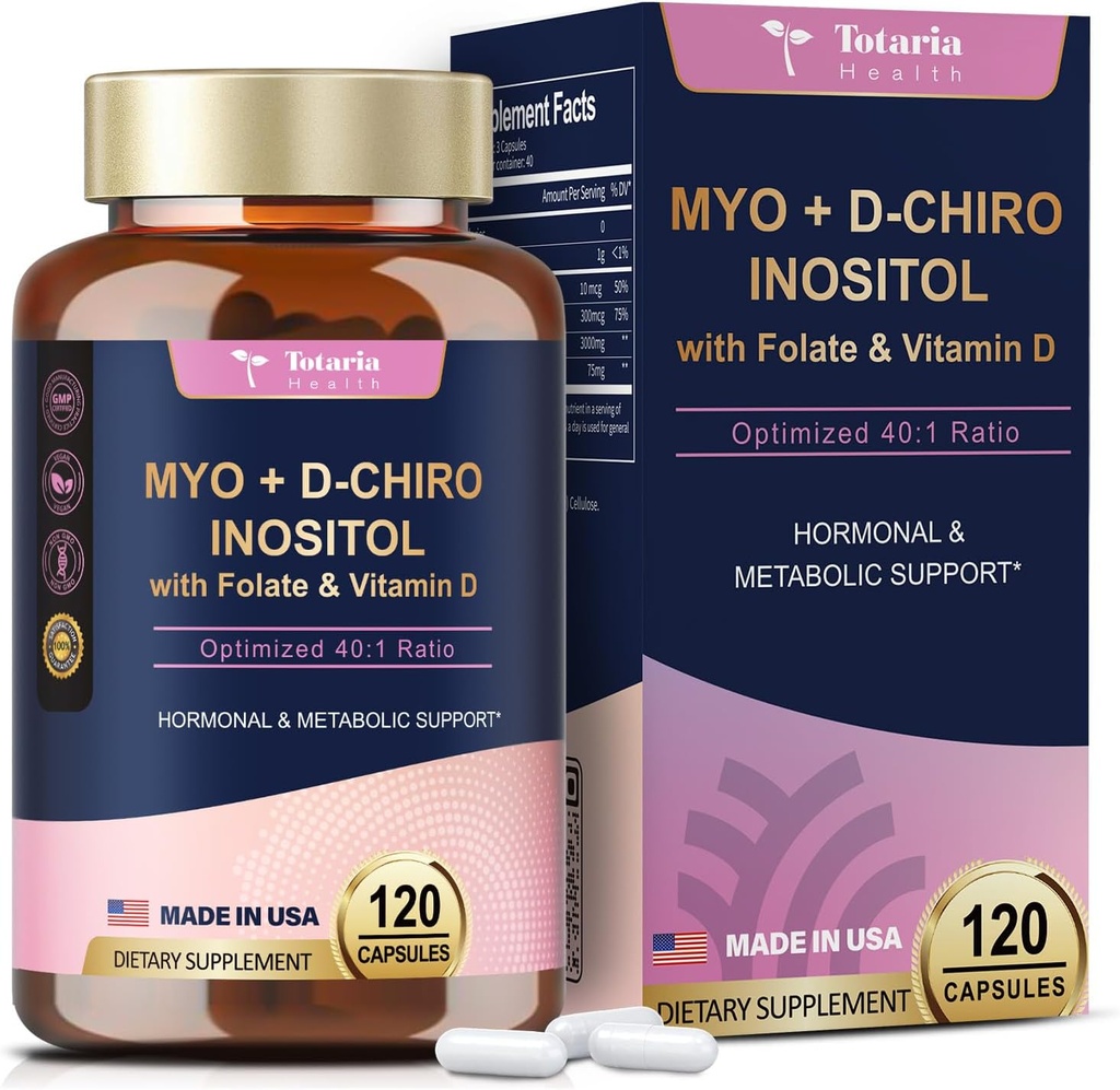 Totaria Inozitol Papildinājums sievietēm ar vitamīnu D3, Folāts, 40:1 Attiecība Myo-Inozitol 3000mg & D-Chiro Inozitol 75mg Complex, Vitamīnu B8 Inozitol Papildinājums sievietēm Matu, nagu, ādas veselības