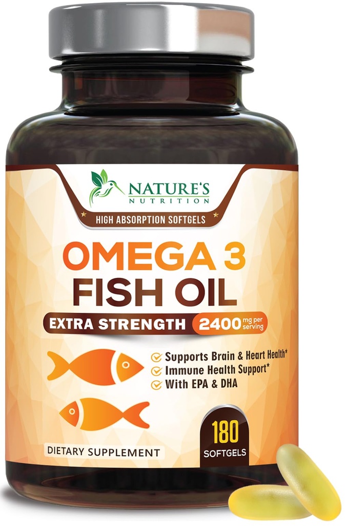 Omega 3 Zivju eļļa 2400 mg – Triple Strength EPA & DHA Taukskābes sirdij, smadzenēm un locītavu atbalstam – Savvaļas, bezkaula, citronu uzliesmojuma papildinājums – Dabīgs, ne-GMO, bez lipekļa – 180 softgeli