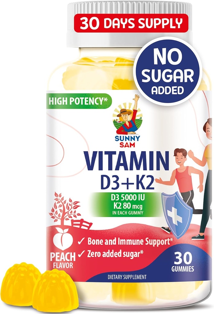 Bezcukura vitamīns D3 K2 Gumijas 5000 SV - Imūnās un kaulu balstvielas Gumijas - D vitamīna gumijas papildinājums pieaugušajiem - augsta absorbcija, Vegan, Halāls, bezglutēna košļājami vitamīni