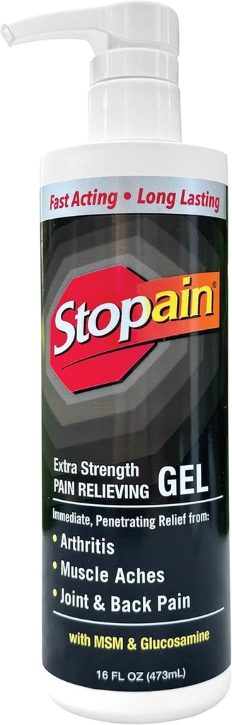 Stopain Pain Relief Gel 16oz, ASV Ražots, Max Strength Ātra rīcība ar Mentol, MSM, Glikozamīns locītavu sāpēm, muguras sāpes, Artrīts, Knee, Kakla sāpes, HSA FSA apstiprināts OTC Topical analgētisks produkts