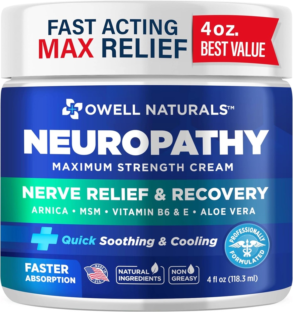 Owell Naturals Neiropātija Nerve Relief Cream, Maksimālais spēks, Greaseless, Dabas Sastāvdaļas Arnica, Aloe Vera, MSM, vitamīns B6 Peet, Rokas, Kājas, Toes Discomfort, 4 Fl Oz (iepakojums no 1)