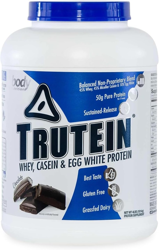 Ķermeņa uzturs Trutein High Protein Pulveris: 45% Sūkalas, 45% Kazeīns, 10% Olbaltas, bez lipekļa, zems nātrija līmenis, zāles kausētu sūkalu olbaltumvielu pulveris, Gym papildinājums un brokastis Shake, Šokolāde, 4lb