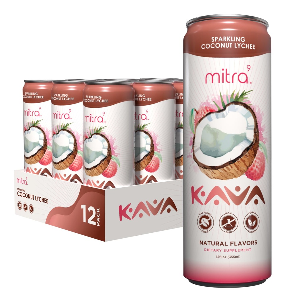 MITRA-9 Botāniskie dzērieni - Kokosriekstu Lychee dzirkstošais Kava Dzēriens ar Kava Saknes ekstraktu - Koksnes uzlabotājs - augu bāzes - veicina dabīgu kalms un dzidrums (12 Fl. Oz) (12)
