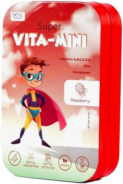 Dvēseles sloksnes Super Vita-Mini - Essential Vitamīni A, B, C, D, E, K & Minerals bērniem' augšanas un veselības, aveņu Flavor, Nulle Cukurs, 100% Vegan, 30 lentes iepakojums "