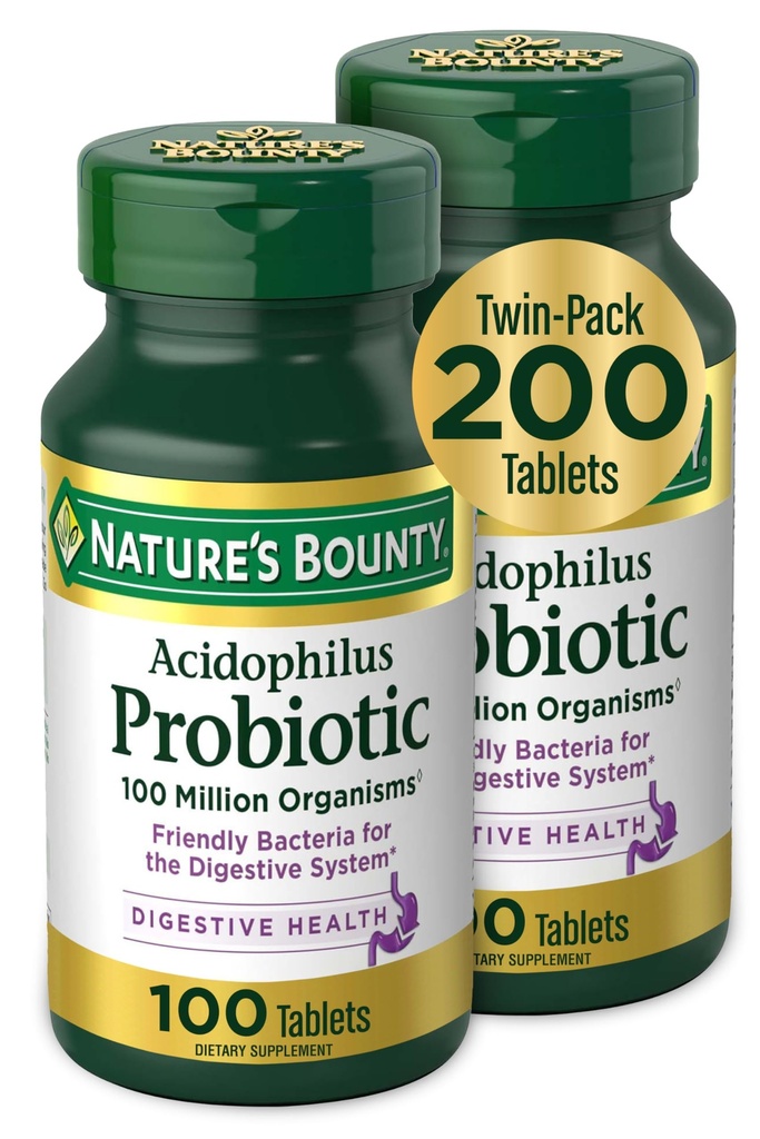 Dabas Bounty Acidophilus Probiotikas, Daily Probiotic Papildinājums, Gremošanas Veselība, 200 Tabletes, Twin Pack