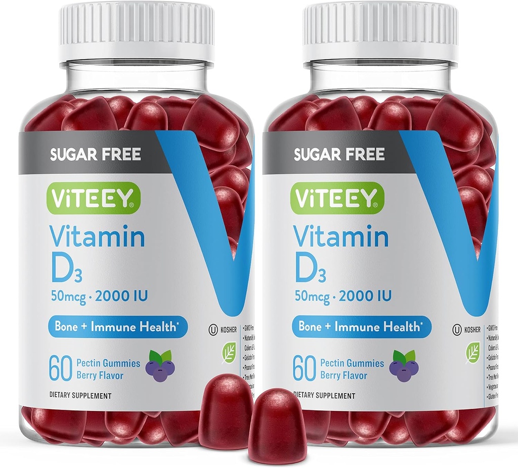 Vitamīns D3 Gumijas pieaugušajiem un pusaudžiem - 2000 SV, 50 mkg - bez cukura, kauliem, locītavu un muskuļu veselību, imūno Boost - veģetārs, bez želatīna, bez ĢMO - garšīgs košļājams ogu aromatizēts gumija