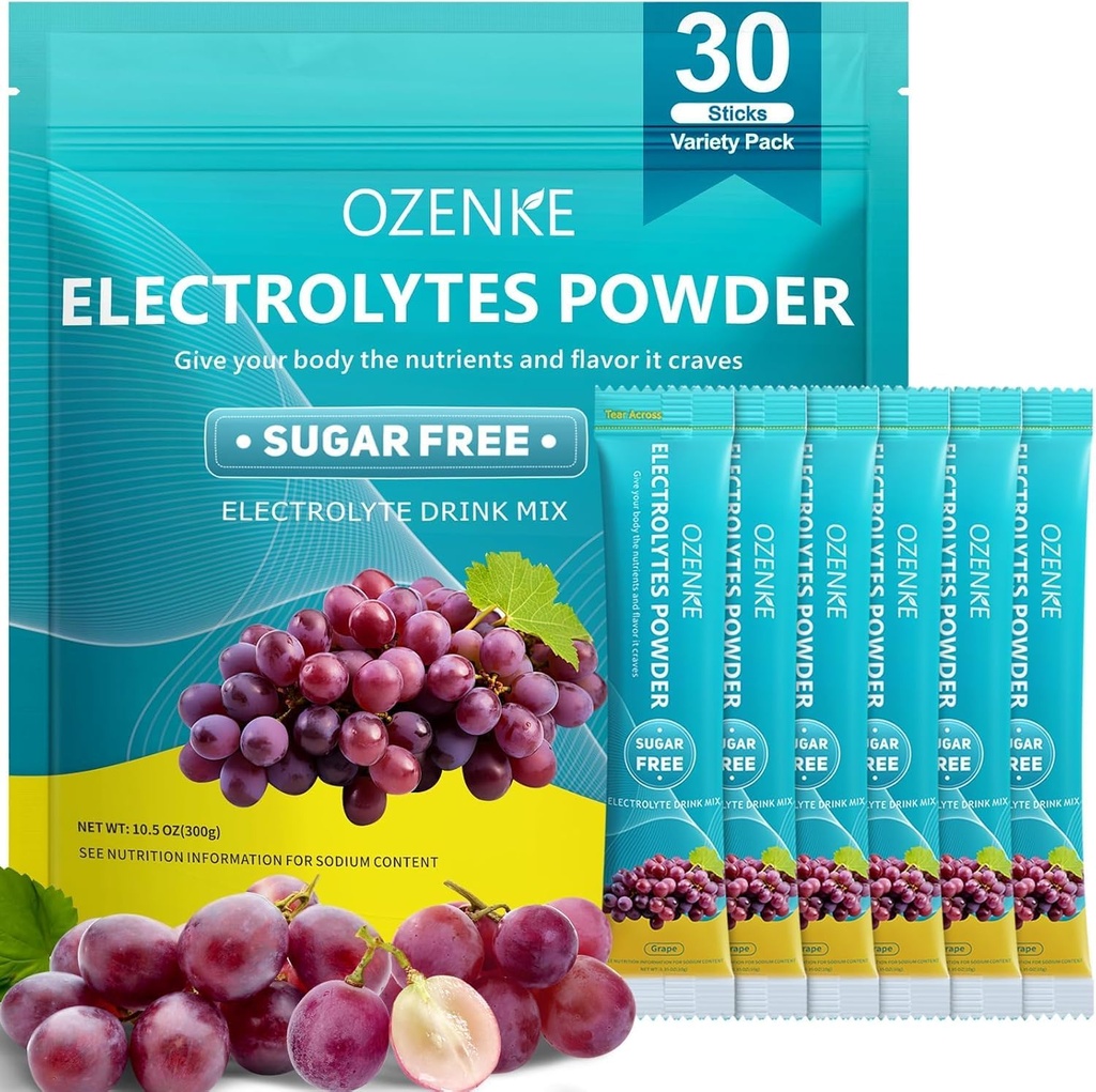 Elektrolītu pulvera paketes, 30 Stieņi Hidratācijas paketes Bezcukura, Elektrolītu dzērieni Mix Portatīvie Elektrolītu paketes ātrai hidrācijai, 0 Cukurs & 0 Calorie, Vīnogu Flavor