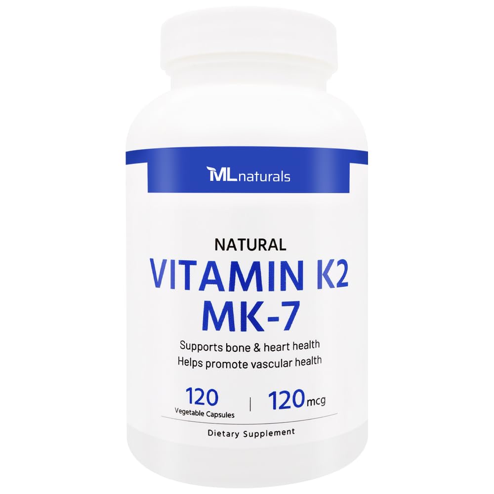 ML Naturals Dabas vitamīns K2 MK-7 120 μg 120 Dārzeņu kapsulas. Dabas MK-7/99% All-Trans MK-7. Atbalsta kaulu un sirds veselību, palīdz veicināt asinsvadu veselību, NSF-sertificēts & cGMP-Compliant.