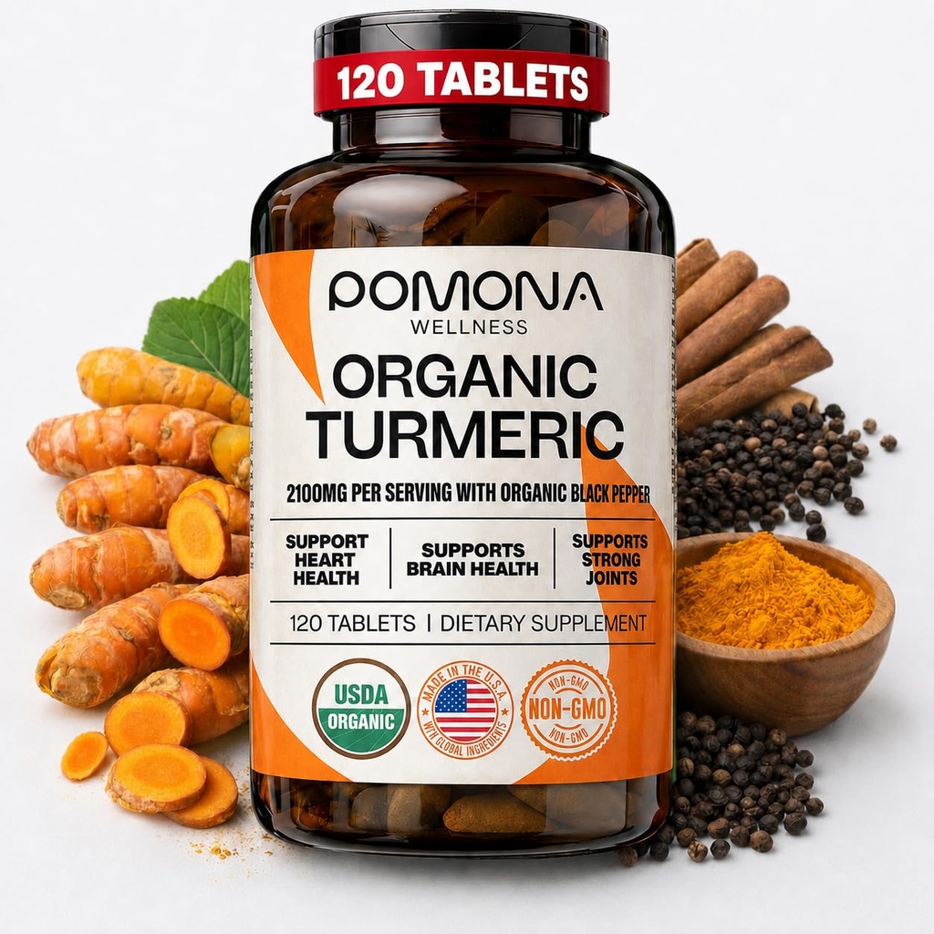 Pomona Wellness Organic Turmeric papildinājums 2100 mg, USDA Organic, Non-GMO, Vegan, Turmeric Curcumin ar melno piparu absorbcijai, kopīgas atbalsta un imunitātes, 120 tabletes