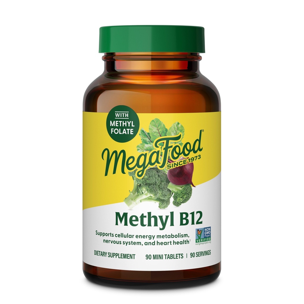 MegaFood Metil-B12 - Vegan - ietver metilfolātu, vitamīnu B12 & B6 - atbalsta šūnu enerģijas ražošanu, nervu sistēmas veselības un sirds un asinsvadu funkcijas - 90 tabletes