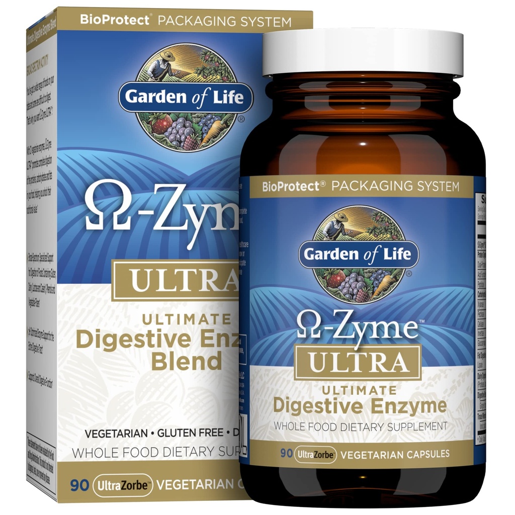 Dzīvības dārzs 21 Spēcīgi gremošanas enzīmi ar papaīnu, Bromelaīnu, lipāzi, Plus ingveru un turmeriku - Omega-Zyme Ultra, Enzīmi gremošanas uztura bagātinātājiem, Veģetārs, 90 kapsulas