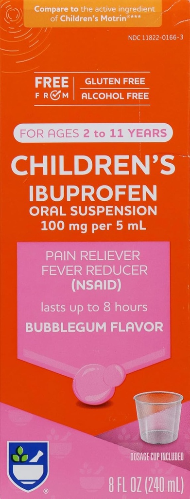Rite Aid bērniem Ibuprofēns, laikmets 2-11, Bubble Gum - 8 unces, kids Pain Reliver & Drug Reducer, bērniem Laikmets 2 līdz 11 Gadi, lai ibuprofēns suspensija iekšķīgai lietošanai 100 mg/5 ml, bez alkohola