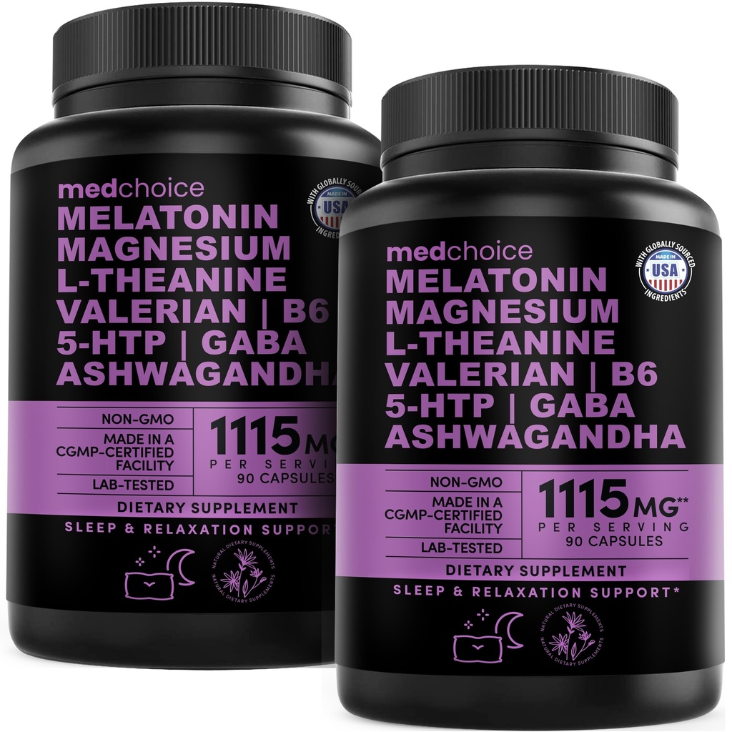 12-in-1 Melatonīna miega kapsulas - Dabīgs miega līdzeklis pieaugušajiem ar melatonīnu 5 mg un magnija glicinātu 500 mg, miega līdzeklis ar ašvagandu, L teanīnu, baldriāna sakni, GABA, 5-HTP (90ct, iepakojums pa 2)