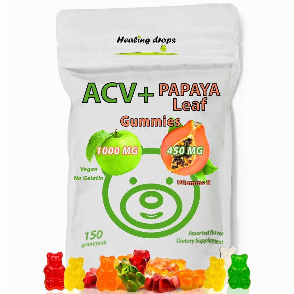 ACV Gummies & Papaya Leaf ekstrakts Gumijas - Premium Spēcīgs ābolu sidra Etiķis Papildinājums - Jodu saturoši un vitamīni B6 B12 - Trombocīti Matu āda un sirds Draudzīgi (1, Regulārs)