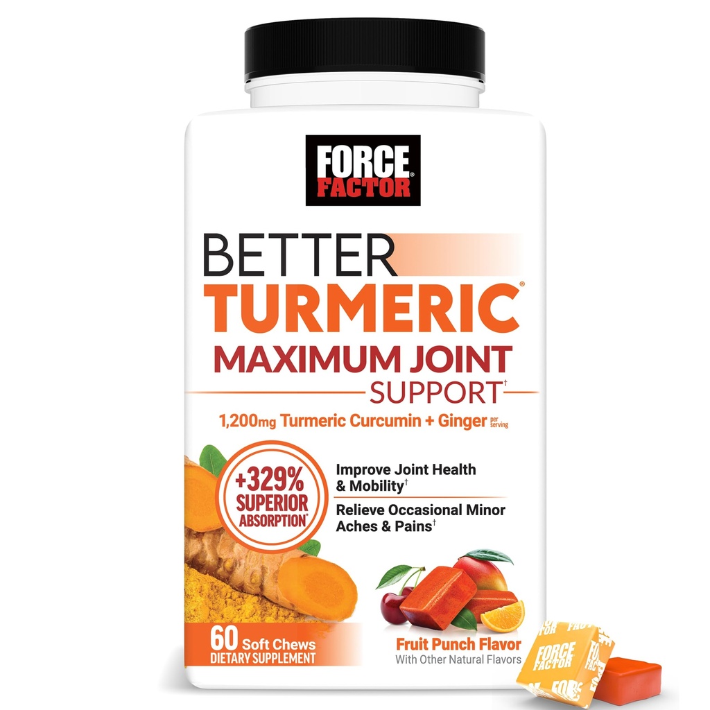 Force Factor Better Turmeric Maksimālais locītavu atbalsts, 1075mg Curcumin ar ingveru, lai atbalstītu mobilitāti, elastību un komfortu, Chews Ērtāks nekā Turmeric Gummies, Augļu Punch, 60 Soft Chews