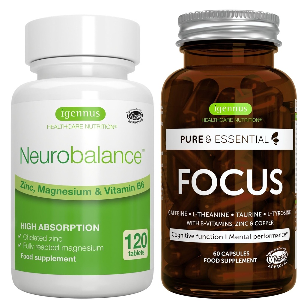 Neirobalanss + Focus Brain Booster Vegan Bundle, Cinka augsta absorbcija Magnijs & B6 + kofeīns, Aminoskābes un metilēti B-vitamīni, Igennus