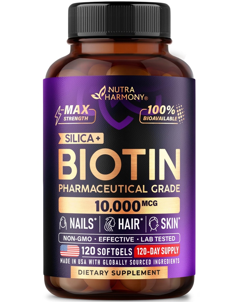 Biotin 10000mcg ar Silīciju - Farmaceitiskā pakāpe Biotin Papildinājums sievietēm - Matu augšanas atbalsts, āda un nagus - Max Strength & 100% Biopieejamība - Ražots ASV - 120 Softgels, 120 Days Supply