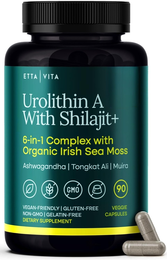 Urolithin-A Complex w Shilajit, Organic Sea Moss, Ashwagandha & Tongkat Ali, Natural Energy, Libido, Hormone Balance, and Focus for Men & Women (Ražots ASV - 3. partija pārbaudīta)