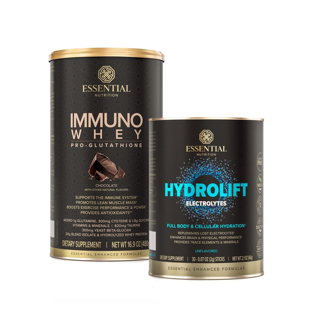 Essential Nutrition Hydrolift Electrolytes + Immuno Whey Chocolate – Jaudīga hidratācija ar Trace Minerals un Glutationa atbalsta proteīna formula – Keto Friendly, bez cukura
