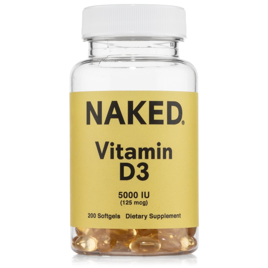 NAKED D3 vitamīns 5000 SV – D vitamīna papildinājums imūnās sistēmas atbalstam, kaulu spēks, muskuļu funkcija – 200 D vitamīna softgeli