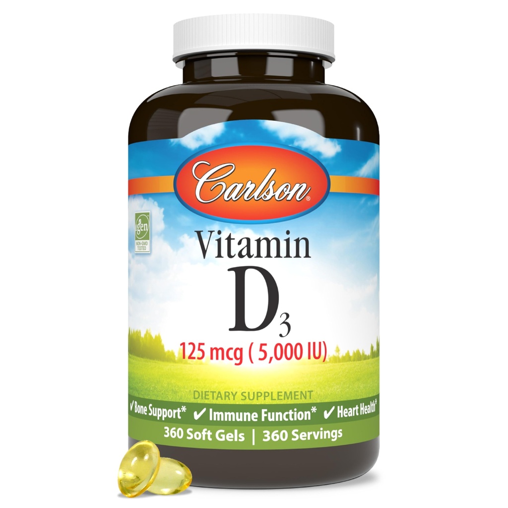 Carlson - D3 vitamīns 5000 SV (125 μg), kaulu veselība, muskuļu veselība, holekalciferols, D vitamīna piedevas, D3 vitamīns Mīkstie gels, 360 softgeli