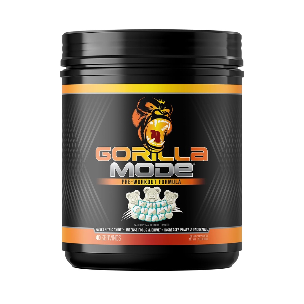 Gorilla Mind Pre Workout - Masīvi sūkņi Lāzera Fokusa enerģija - L-citrulīns, kreatīns, L-tirozīns, Betaīns, Hidroprims, Alpha-GPC, 400mg Kofeīns, Huperzine A 808g (Baltā gumija lācis)