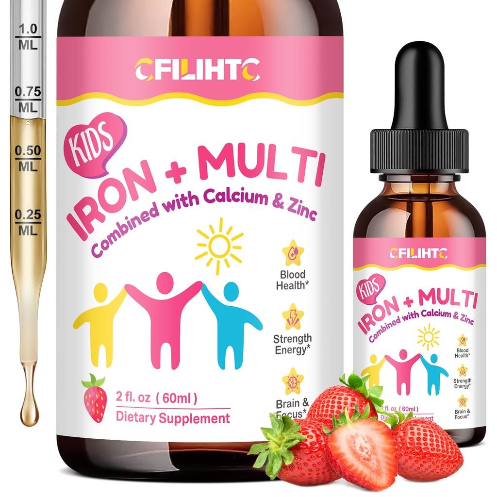 Šķidrā dzelzs papildinājums bērniem, sievietēm un vīriešiem - ar kalciju, cinku, bērniem multivitamīnu ar dzelzs pilieniem - Imūnsupport, Asins Builder & Enerģijas Atbalsts dzelzs deficītu, anēmija, Vegan 2 Fl Oz