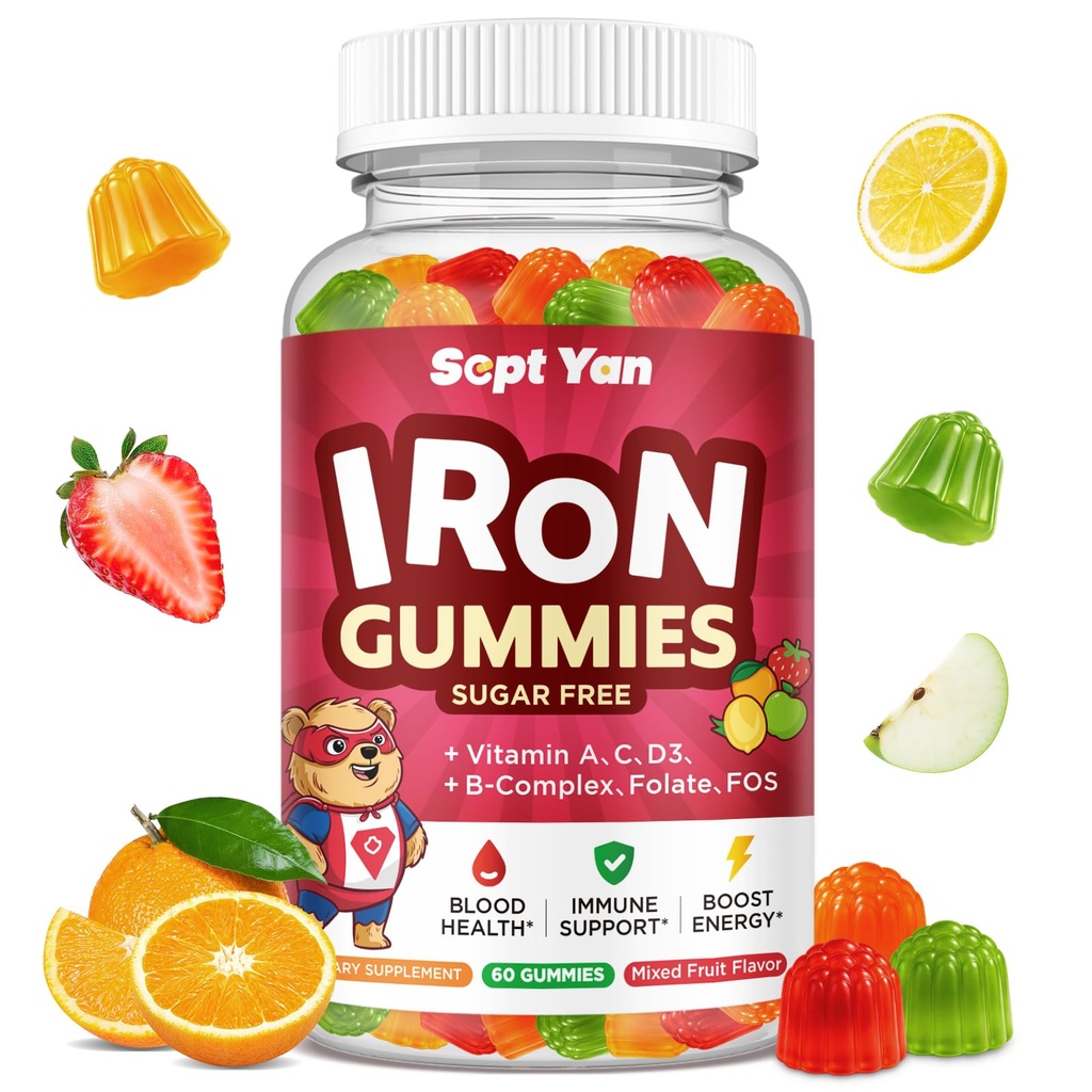 Dzelzs papildinājums Gumijas bērniem, bērniem Multivitamīni ar dzelzi - B vitamīna komplekss, C, D3, kalcijs, folāts, cinks, FOS asins konstruktoram un enerģijas atbalstam, dzelzs deficīts, vegans, salikts augļu uzlējums,60 sn