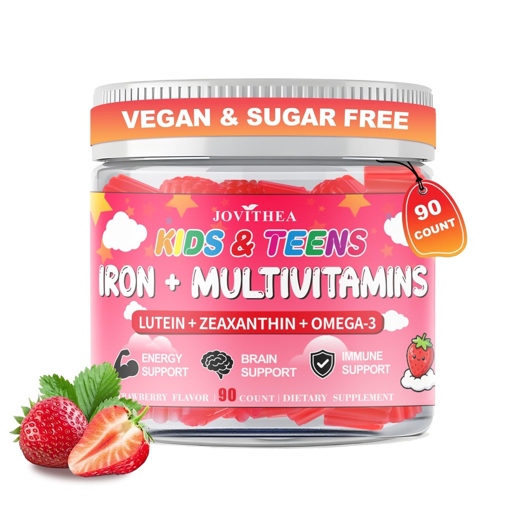 90 grāvēji - dzelzs Gumijas bērniem, bērnu multivitamīni ar kalciju, cinku, folātu, omega-3 un luteīnu, atbalsta enerģija, imunitāte, dzelzs deficīts, anēmija un smadzeņu veselība, vegans, bezcukura, zemeņu degvīns