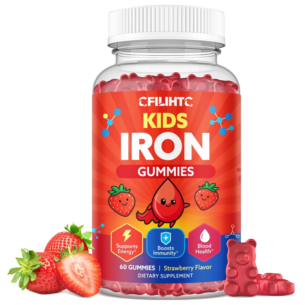 Dzelzs Gumijas bērniem un pusaudžiem, Kids Multivitamīnu ar dzelzs papildinājumu, Kalcijs, Folāts, Cinks, Prebiotikas - Asins Builder & Enerģijas Atbalsta, Dzelzs Defiction - Vegan & Non-GMO - 60 Count Zemeņu