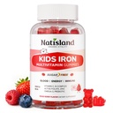Dzelzs Gumijas bērniem un pusaudžiem, Kids Multivitamīnu ar dzelzs piedevu, B vitamīna komplekss, A, C, D3, Kalcijs, Cinks, DHA, Prebiotika, Asins konstruktors un enerģijas atbalsts dzelzs deficītu, Vegan, 60 Ct