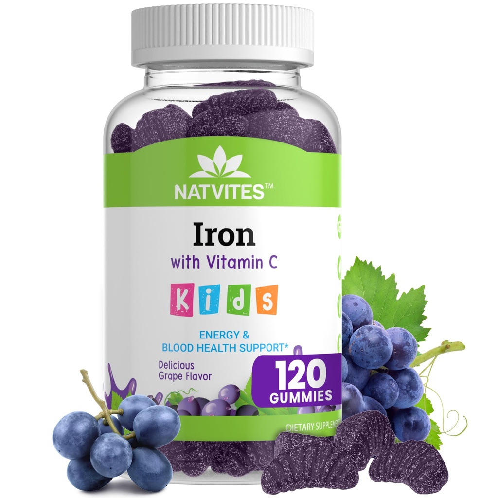 Bērniem Dzelzs Gumijas ar C vitamīnu - Delicious Vīnogu Flavor - Enerģija un asins veselība Atbalsts - bez lipekļa Ne-GMO Veģetārs Bērnu Dzelzs Papildinājums bērniem un Toddlers Vecums 2+ (120 grāfs)