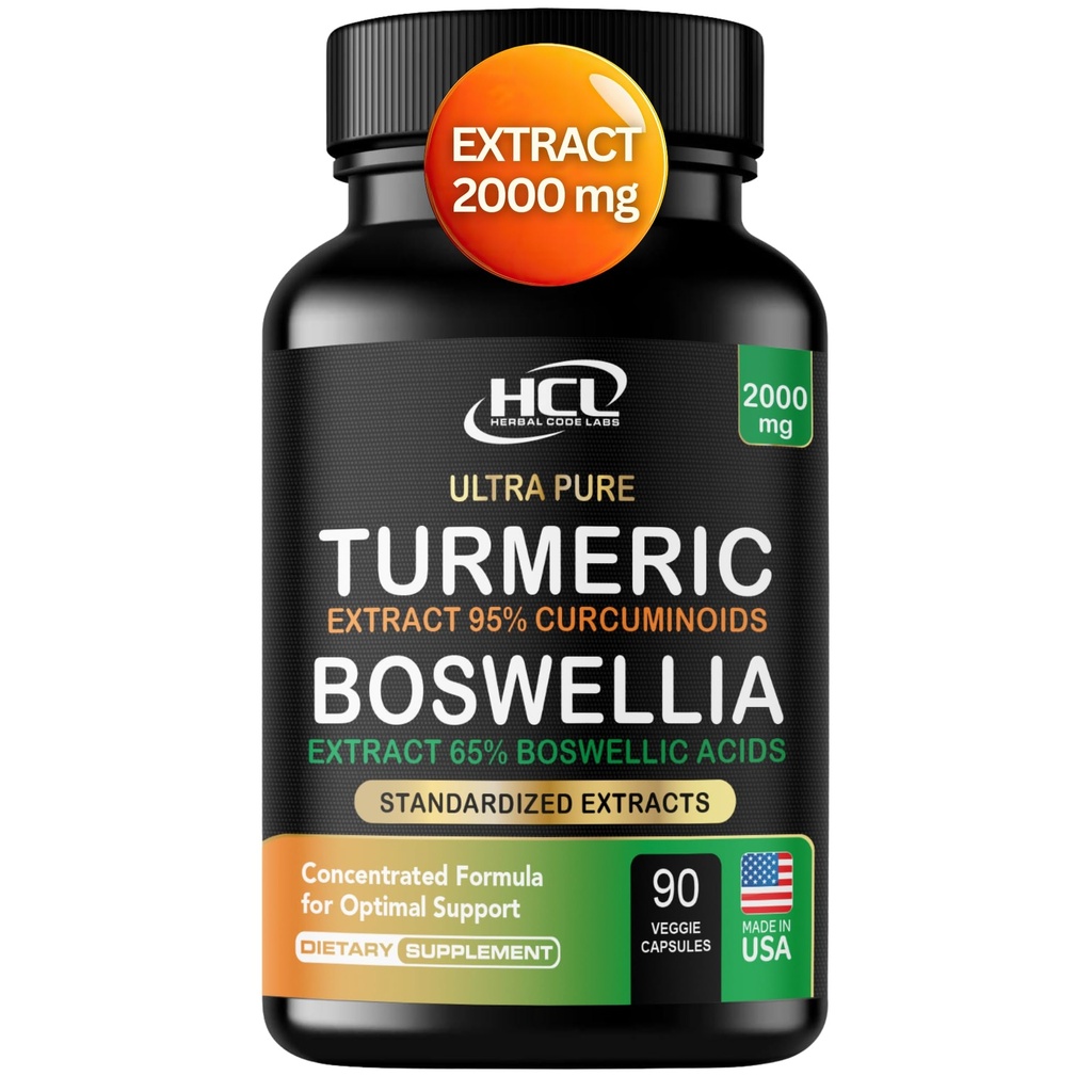 Turmeric Boswellia ekstrakta papildinājums 2000 mg – Extra Strength Boswellia Serrata ar kurkuļiem - 95% Kurkuminoīdi ar Boswellia ekstrakta kapsulām - standartizēta augsta potence - Ražots ASV