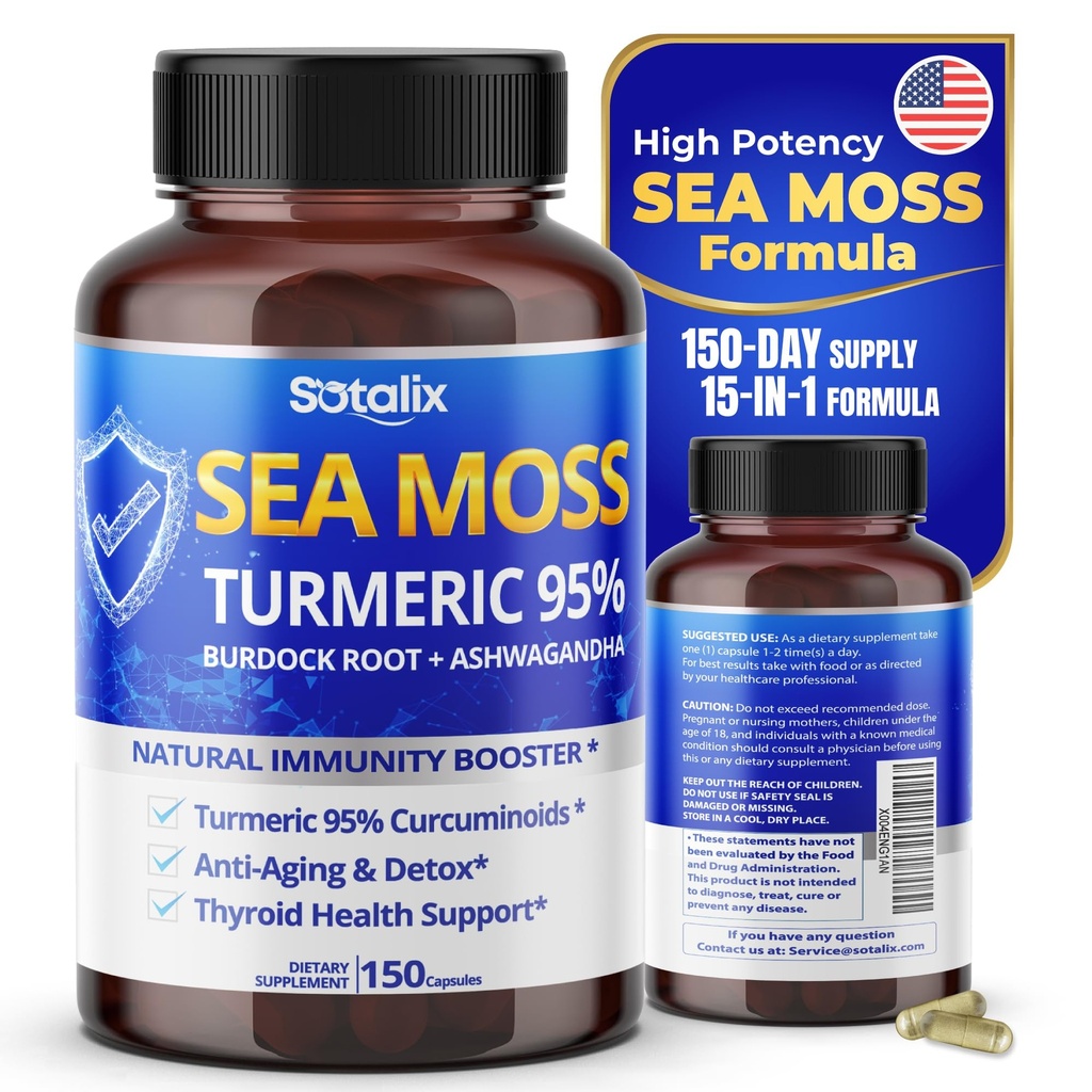 Sotalix Sea Moss Kapsulas ar Ashwagandha, Dagka saknes, Bladderwrack, Turmeric - Jaudīgs Dabas Immunity Booster - ASV Ražots (150 Grāfs (1. iepakojumā))