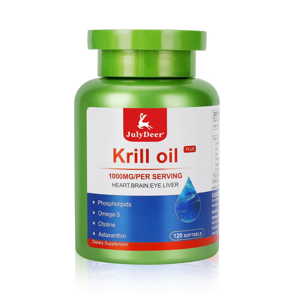 JulyDeer Krila eļļa 1000 mg ar omega 3s EPA, DHA, astaksantīnu un fosfolipīdiem 120 Softgels papildinājums, Antarktikas krila bez zivju pēctests locītavām, sirdij, smadzenēm un imunitātei