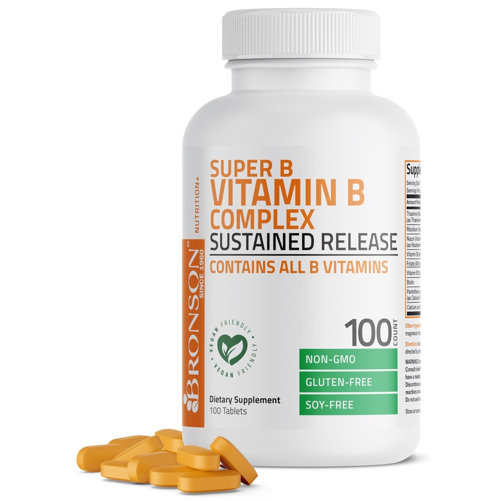 Bronson Super B vitamīna komplekss (B1, B2, B3, B6, B9 - Folijskābe, B12) satur visas B vitamīna 100 tabletes