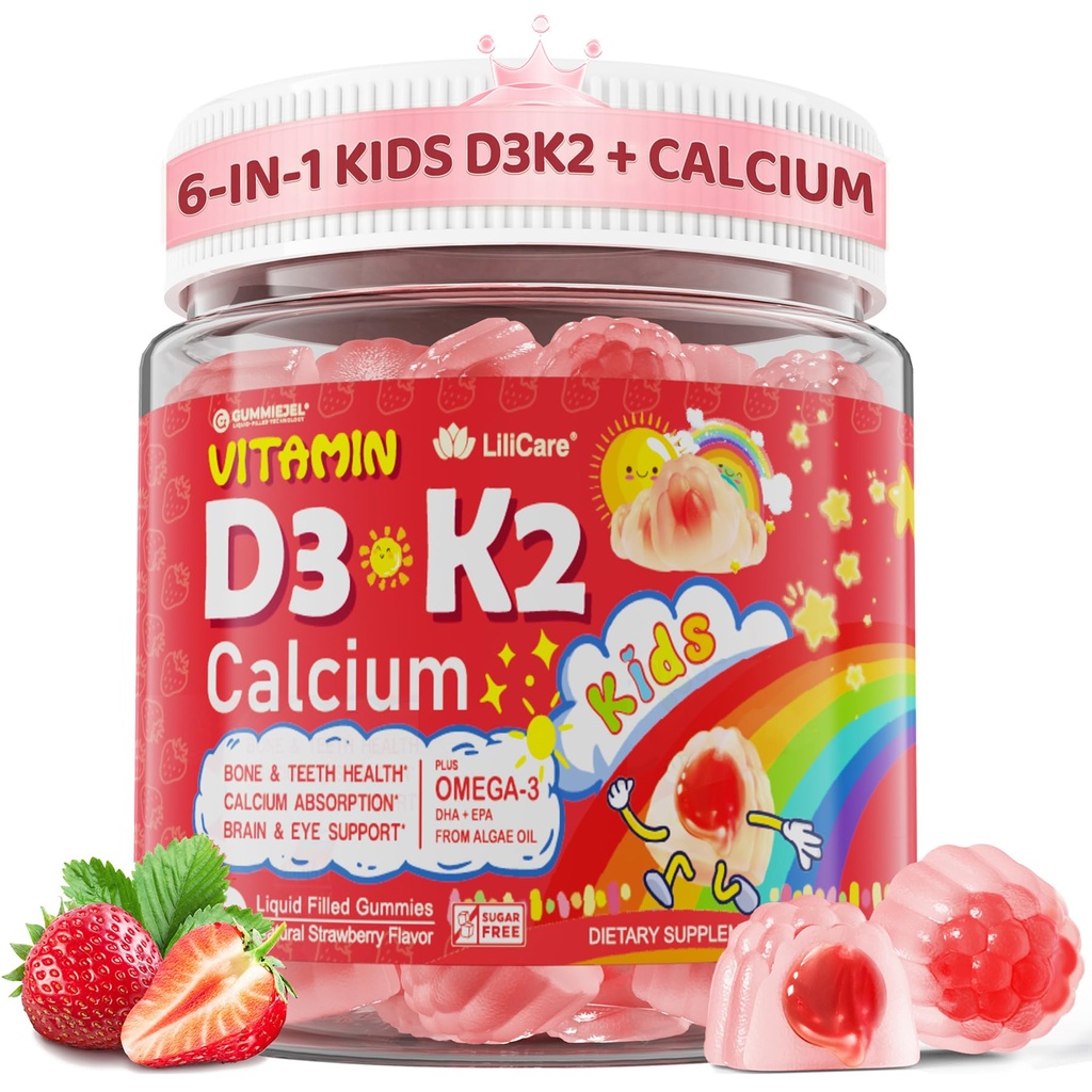 D3 vitamīns K2 + ar kalcija šķidrumu pildīti Gumijas bērniem un pusaudžiem, 1000IU / 2000IU D3 ar magniju, aļģu omega 3, bērnu vitamīni kauliem un zobiem, kalcija absorbcija, smadzenes, imūna, bezcukura, 60Cts
