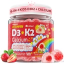 D3 vitamīns K2 + ar kalcija šķidrumu pildīti Gumijas bērniem un pusaudžiem, 1000IU / 2000IU D3 ar magniju, aļģu omega 3, bērnu vitamīni kauliem un zobiem, kalcija absorbcija, smadzenes, imūna, bezcukura, 60Cts