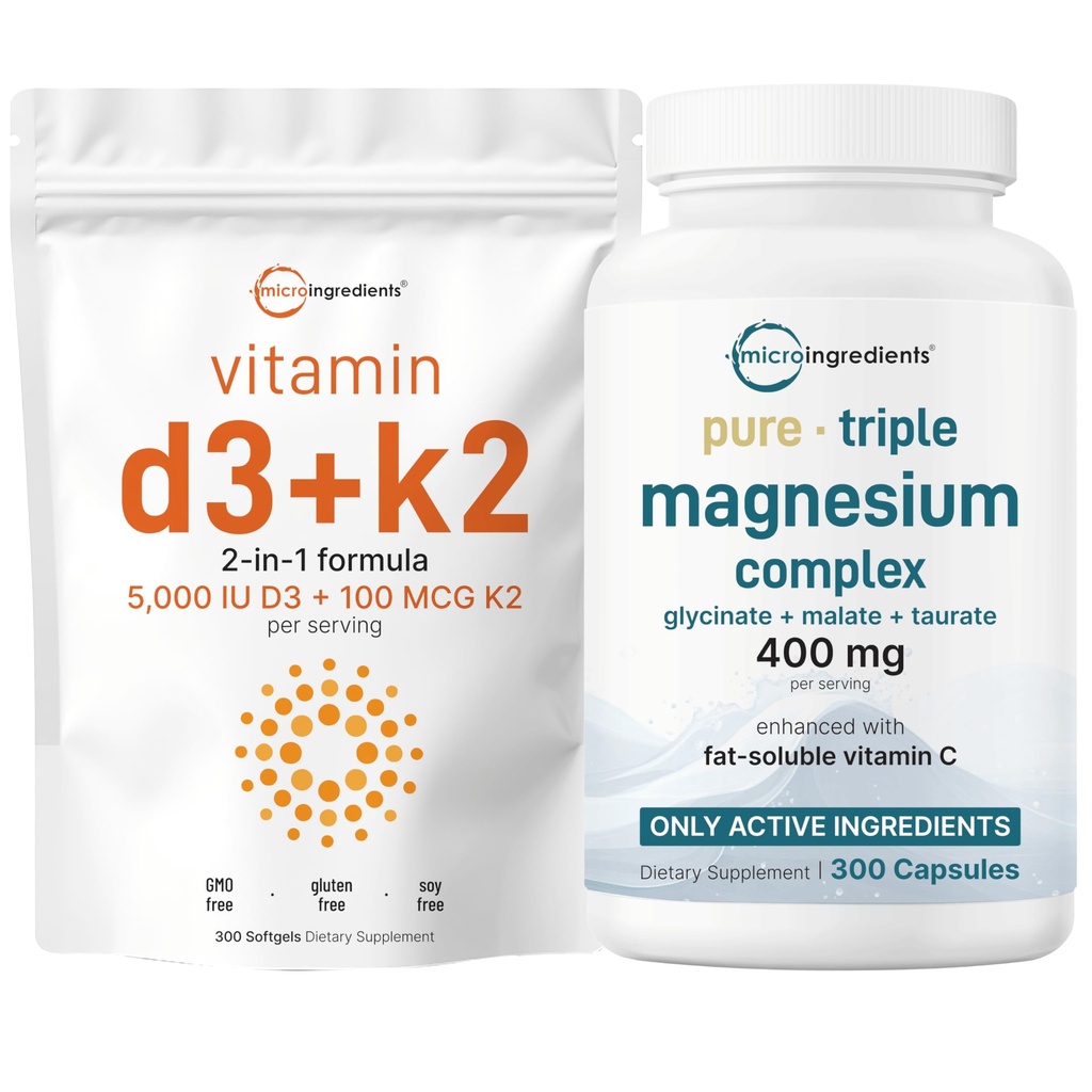 Micro Ingredients D3 vitamīns 5,000iu + K2 100mcg Softgels & Pure Triple Magnija komplekss 400mg Kapsulas - 2 Iepakojums Bundle - Essential D & K Sunshine Vitamīni -- Glikināts, malāts, un Taurate Forms
