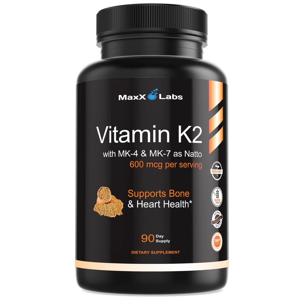 K2 vitamīna papildinājums - Full Spectrum vitamīns K2-MK7, MK4 & D vitamīns - Augsta stipruma K2 Strādā ar vitamīnu-D3 - Vitamīns-K 600mcg - Atbalsta kaulu veselību - 90 kapsulas