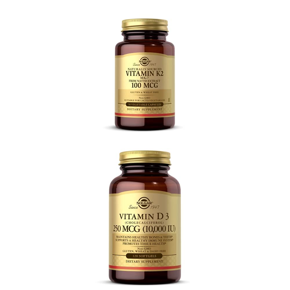 Solgar K2 vitamīns (MK-7) 100 mkg, 50 augu kapsulas - atbalsta kaulu veselību D3 vitamīns (holekalciferols) 250 MCG (10 000 SV), 120 softgeli - imūnās sistēmas atbalsts
