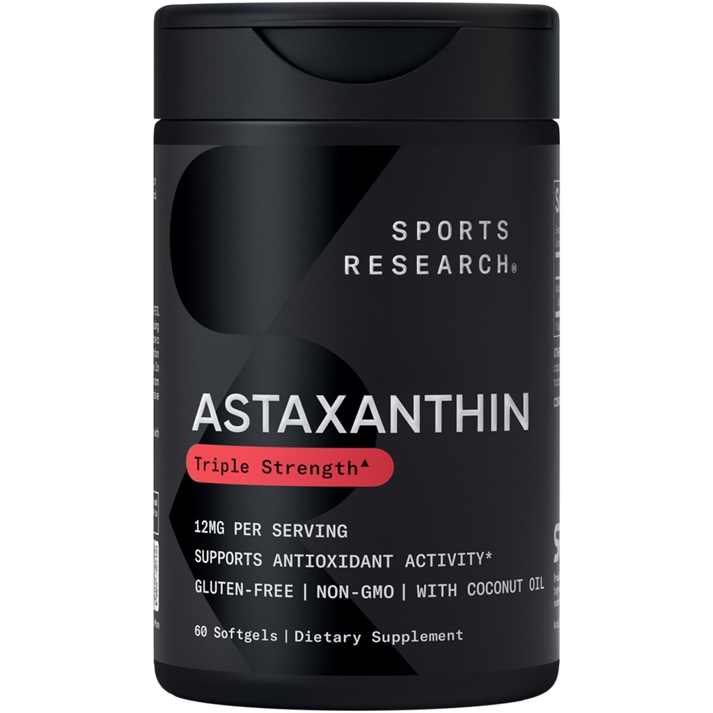 Sporta pētījumi® Triple Strength Astaksantīns 12mg w/Organiskā kokosriekstu eļļa - Antioksidants Papildinājums ādas un acu veselības atbalstam* - bez sojas · bez GMO · bez lipekļa - 60 softgeli