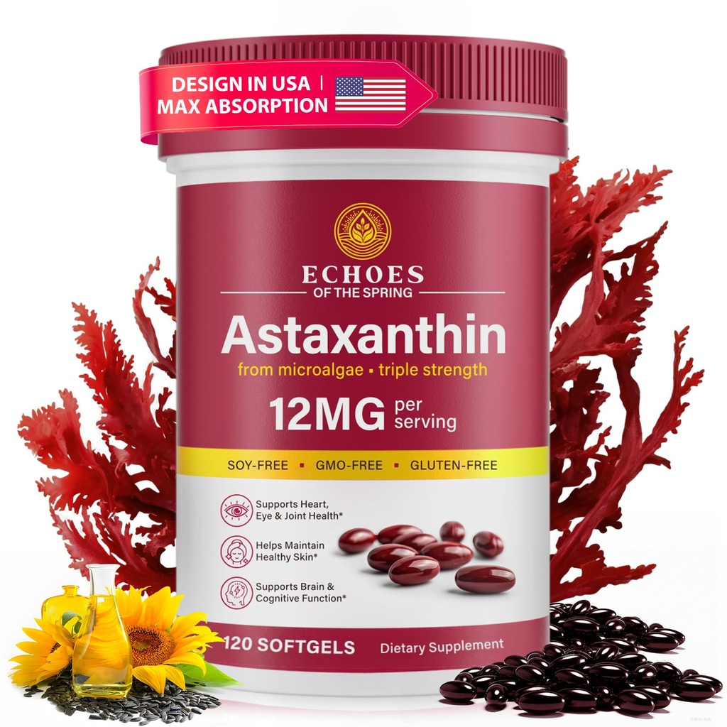 Astaksantīns 12 mg – dabiskais astaksantīns no Haematococcus Pluvialis, Triple Strength Antioksidants Acu, ādas, locītavu un imūnās sistēmas papildterapijai (120 grāvis (1. iepakojumā))